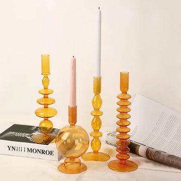 Qfdian Nordic Orange Glass Taper Candle Holder Creative Home Decor Wedding Party Dinner Candlelight Decoration Living Room Candlestick